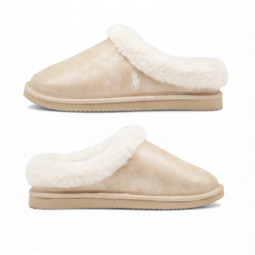 Pole Ralph Lauren Women’s Gold Fur Lined Slippers NWB